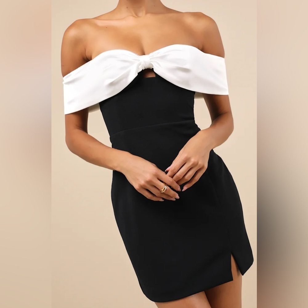 Lulus Extravagant Moment Black and White Off-the-Shoulder Mini Dress - Picture 2 of 9